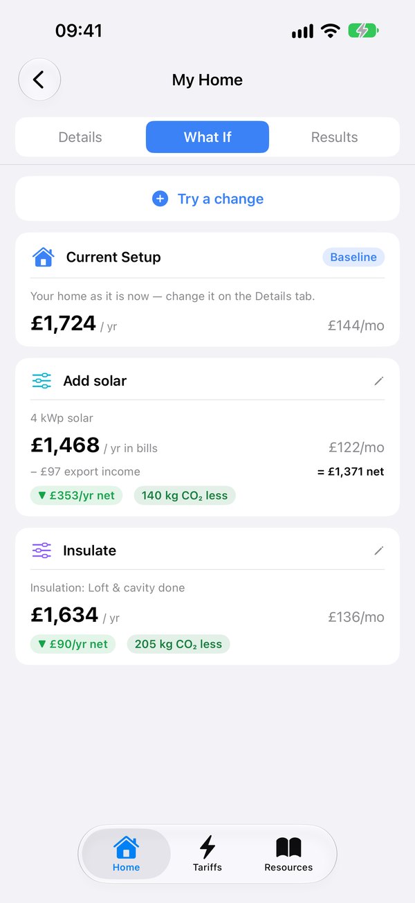 The What If list: the home as it is at £1,724 a year, 4 kWp of solar at £1,371 net after £97 export income, and loft and cavity insulation at £1,634, each with its saving and carbon.