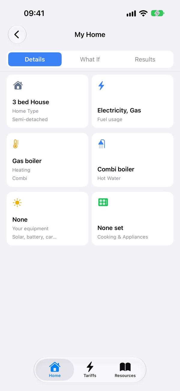 The home's details: a three-bed semi-detached house, electricity and gas, a combi gas boiler, no solar or battery yet, and cooking and appliances.